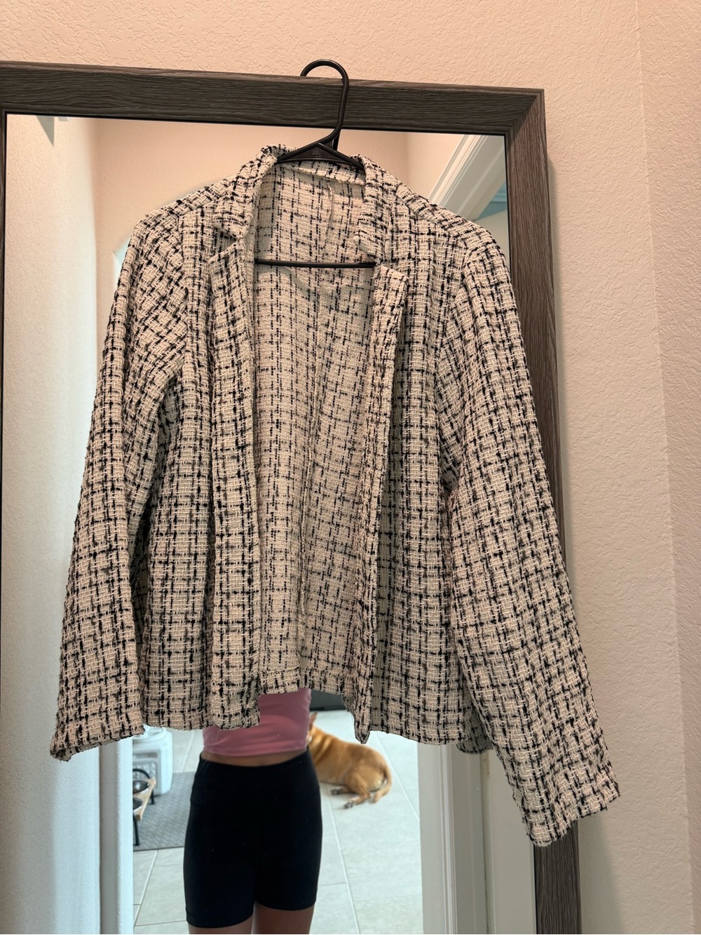 SHEIN Black & White Tweed Open-Front Blazer